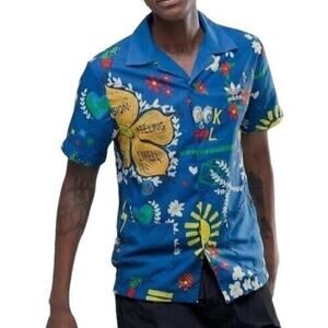 Adidas Pharrell Williams Doodle Shirt Mens M Button Up Floral Blue Camp RARE